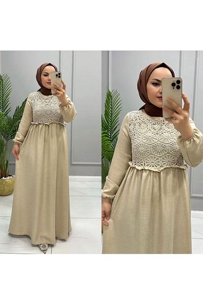 BAV Butik Ayvitrin Women's Melenj Linen Hijab Dress Cream