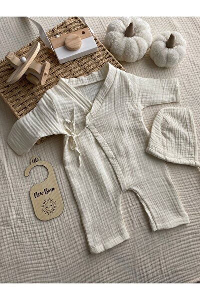TREND 4 kat müslin şapkalı yenidoğan bebek kruvaze tulum