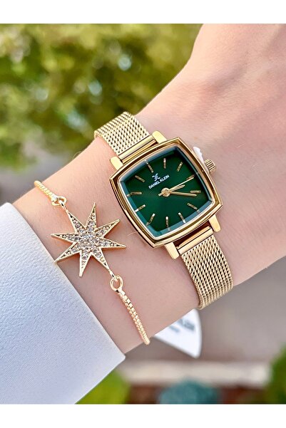 Daniel Klein Kadranı Yeşil Kordonu Altın Renk Ayarlanabilir Kordonlu Kadın Kol Saati Ve Bileklik Dkgnct1221