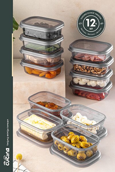Stile Cucina 400 ml Anthracite Food Jar Set - 12 Pieces Large Size Rectangula...