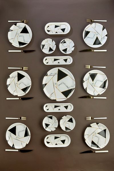 Babion Ceramic Mosaic Marble 15 Piece Large Breakfast Set for 6 People
