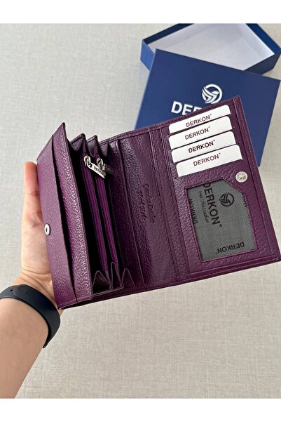 DERKON Mendy Model Useful Genuine Leather Medium Size Women's Wallet Purple Color