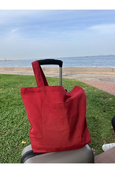 Sumicorn Design Soft Kırmızı Çevre Dostu Bez Çanta,Cepli Keten Kol Ve Omuz Çantası Alışveriş Çantası