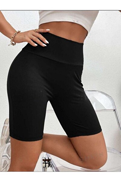 LEMAR MODA Kadın Siyah Yüksek Bel Pamuklu Esnekli Fitilli Penye Kumaş Kısa Spor Tayt Spor Şort Tayt 2024