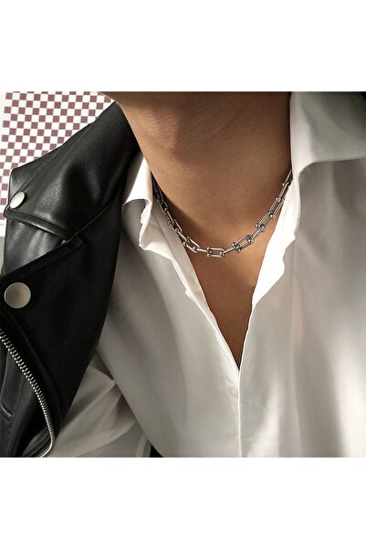 BORENO Erkek Kısa Gümüş Renk Paslanmaz Çelik Tifany Kolye