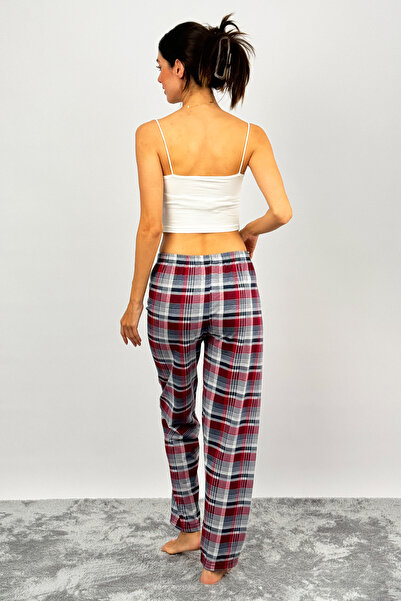 Betimoda Pantaloni de trening pentru femei, din bumbac, în carouri, cu modele de pijama, cu panglică, gri Claret Red