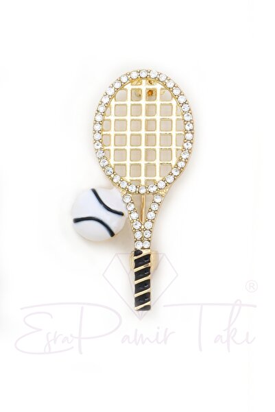 Esra Pamir Altın Renk Zirkon Taşlı Tenis Raketi Broş