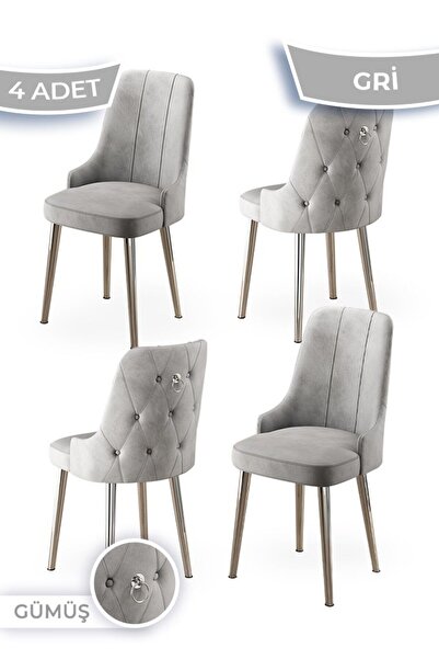 Canisa Newa Serisi 4 Adet Gri Sandalye 1.sınıf Babyface Kumaş Gold Kaplama Me...