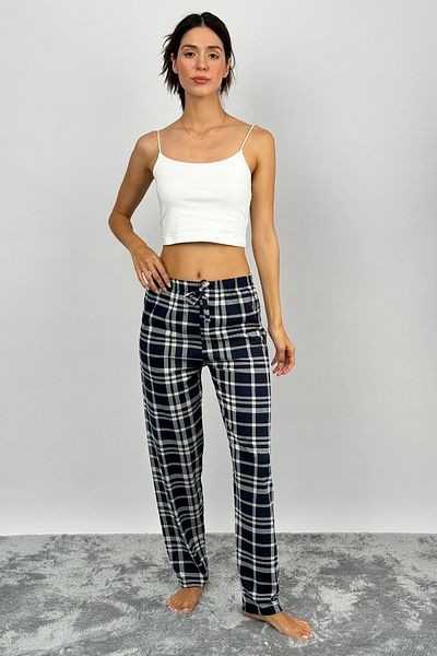 Betimoda Pantaloni de sport de damă din bumbac în carouri cu modele de pijama, albastru bleumarin, alb, carouri cu panglică