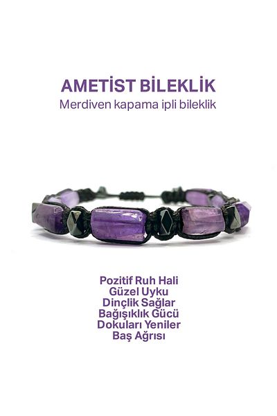 OSMANLI DEĞERLİ TAŞ Original Genuine Amethyst - Hematite Natural Stone Ladder Closure String Bracelet