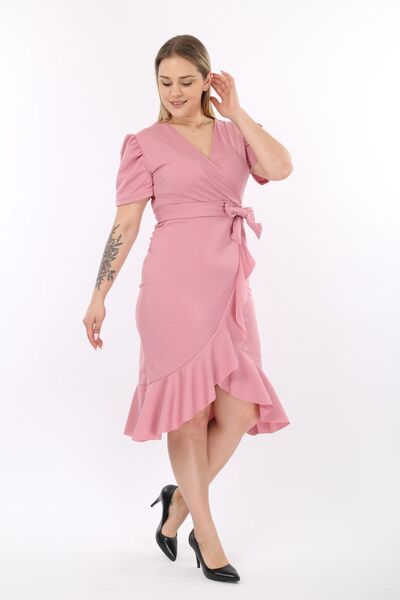 Azra Style فستان نسائي وردي بأكمام بالون وحزام مزدوج الصدر