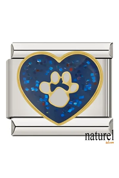 Naturel Tılsım 9mm Blue Heart Paw Charm - Stainless Steel Italian