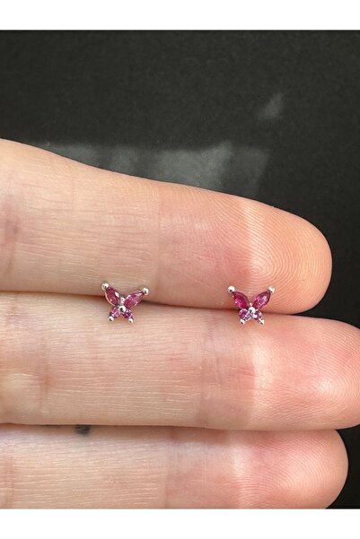 BY DİLEK ÇETİN ACCESSORY Çelik pembe taşlı kelebek figürlü kıkırdak helix tra...