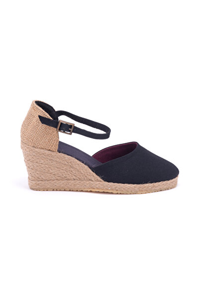 Star Tombis Gerçek Elişi Siyah Hasır Dolgu Topuk Keten Hasır Espadril Handmade