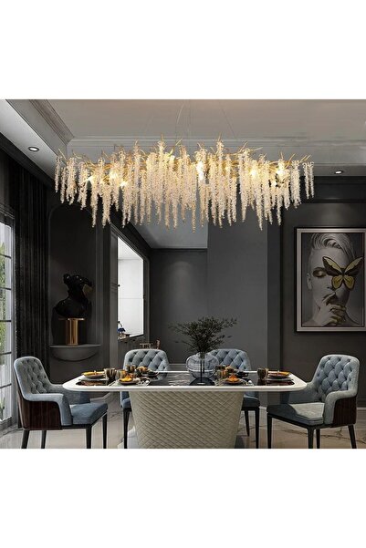 burenze Luxury Exclusive Collection Modern Kristal Taşlı Diamond Pırlanta Gold Sarı Elips Yemek Masası Avize
