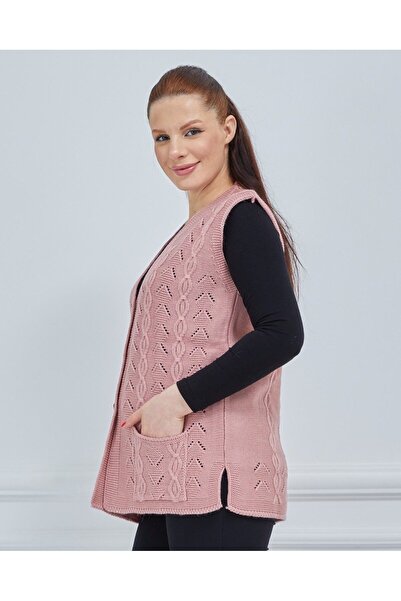 Fresh&Moda Women's V-Neck Chain Knitted Pocket Wool Mother Knitwear Vest