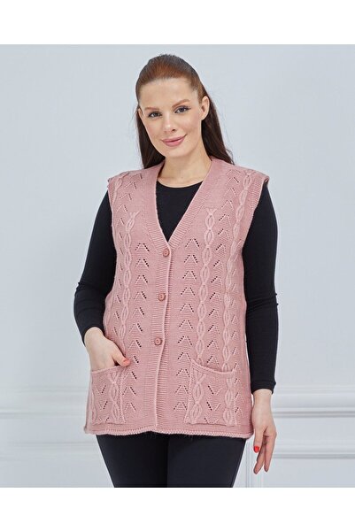 Fresh&Moda Women's V-Neck Chain Knitted Pocket Wool Mother Knitwear Vest