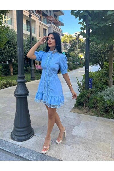 SHİROSA Dantel ve Güpürlü Kısa Kol Yazlık Tek Parça Elbise