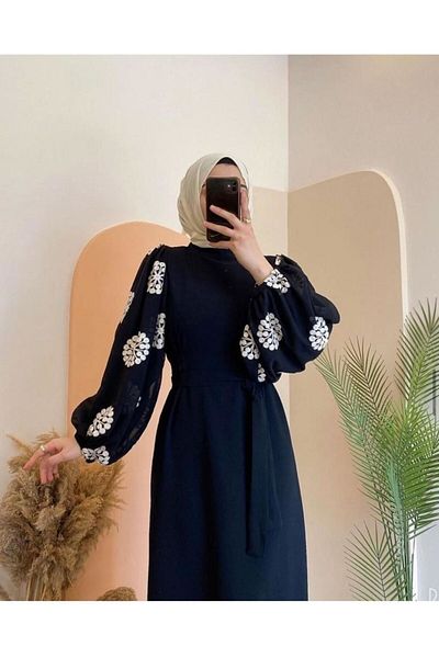 CNG MODA Belted Sleeve Embroidered Hijab Dress - Black-42 - Black