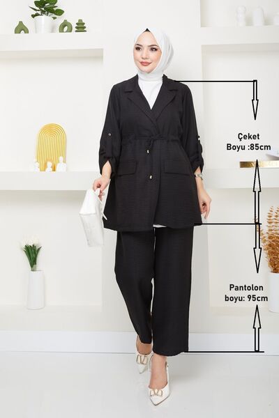 Swana Women's Linen Suit with Tie Waist Jacket and Trousers - Black