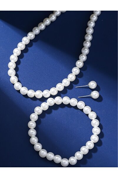 Etique Kadın Yeni Lüx Parlak Inci Kolye Bileklik ve Küpe Takım Seti