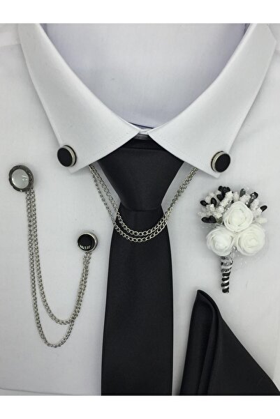 HARES مجموعة ربطة عنق العريس (ربطة عنق منديل، سلسلة طوق السترة، زهرة طوق السترة، مشبك سلسلة طوق القميص)