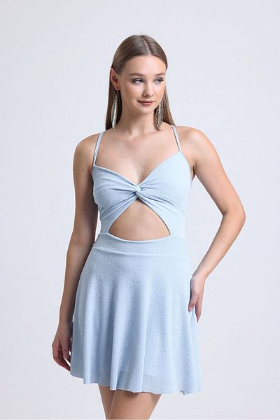 Rosy Live in style Φόρεμα Ice Blue Back Cross Tie Μπροστινό μέρος V Cut Flared φούστα