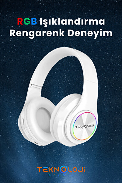 Teknoloji Gelsin Kablosuz Bluetooth Mikrofonlu Kulaküstü Kulaklık Led Işıklı Katlanabilir Beyaz