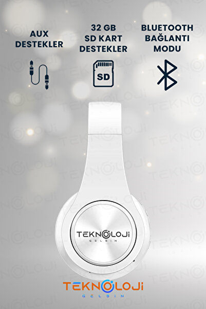 Teknoloji Gelsin Kablosuz Bluetooth Mikrofonlu Kulaküstü Kulaklık Led Işıklı Katlanabilir Beyaz