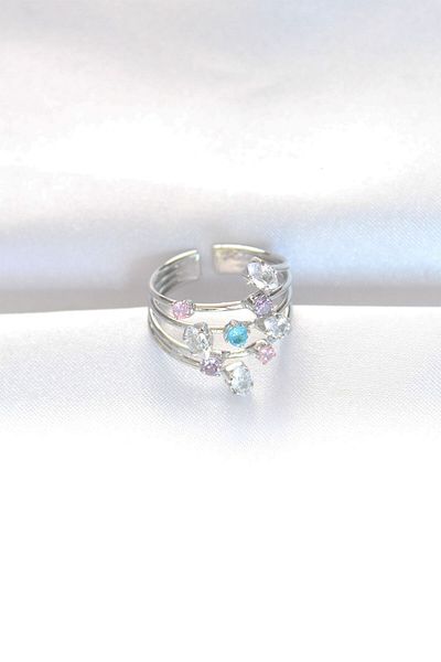 Moka Shopin Colorful Zircon Stone Silver Color Adjustable Ring
