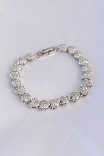 Moka Shopin Vip Series - Brass Zircon Stone Silver Heart Model Bracelet