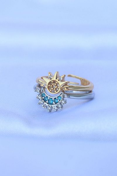 Moka Shopin Set of 2 Adjustable Brass Zircon Stone Dating Rings