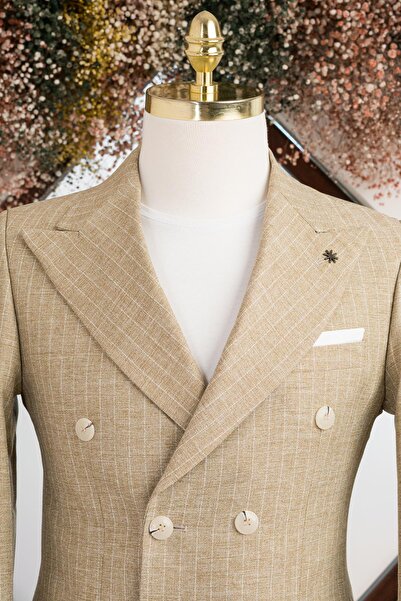 AKÇAYLAR Slimfit ριγέ μυτερό γιακά διπλό σακάκι μονό - διπλό σχιστό και επένδυση