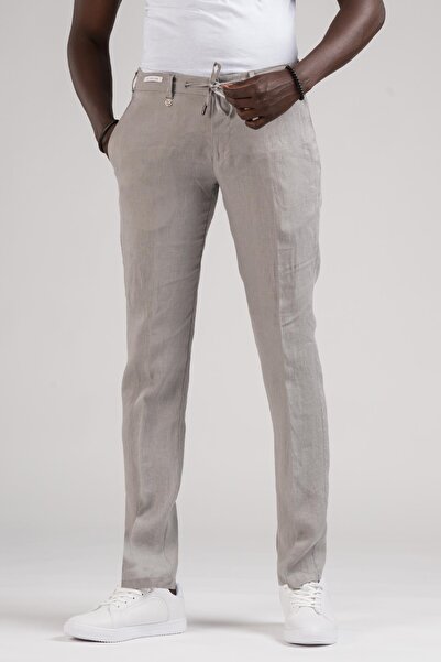 Ecer Slimfit Beli Lastikli Ve Iplikli %100 Linen Ham Keten Jogger Pantolon