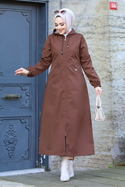 ALNİSS COLLECTİON Büyük Beden Önü Cepli Fermuar Detaylı Trençkot Uzun Pardesü