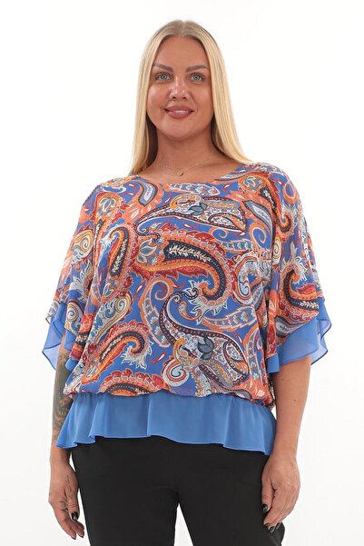 KİFAYET 16333 بلوزة شيفون برقبة دائرية وأكمام خفاش - نمط شال (D103)