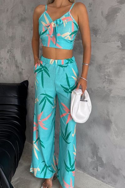 Ded COLLECTION Set de pantaloni și top de damă cu model floral de vară - țesătură înfășurată cu cravată