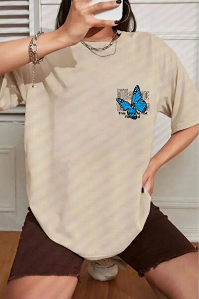 oneagılyazı Tricou de damă oversize cu imprimeu fluture albastru