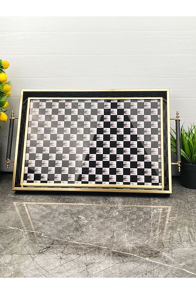 Akkoyunlu home Black Luxury Gold Checkerboard - Presentation Serving Tray