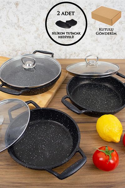 ESIVITALIA Set tigăi din granit Essenso 6 piese cu capac din sticlă turnat negru 18-20-22 cm