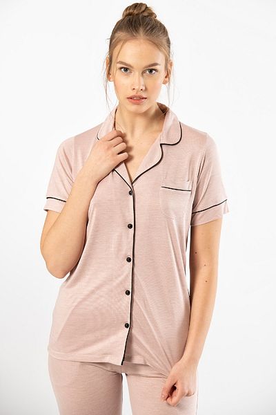 TÜREN Women's Shirt Collar Pajamas Set - Solid Cut, Short Sleeve, Front Buttoned 65% Viscose, 35% Polyester