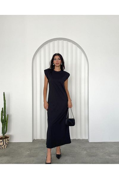 HARMONY GLOBAL Maxi Length Black Combed Cotton Dress - Padded, Sleeveless 10.207