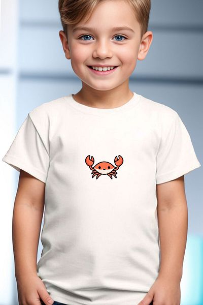 WİDİ Tricou alb pentru copii, 100% bumbac, cu model de vară, cu imprimeu de crab drăguț