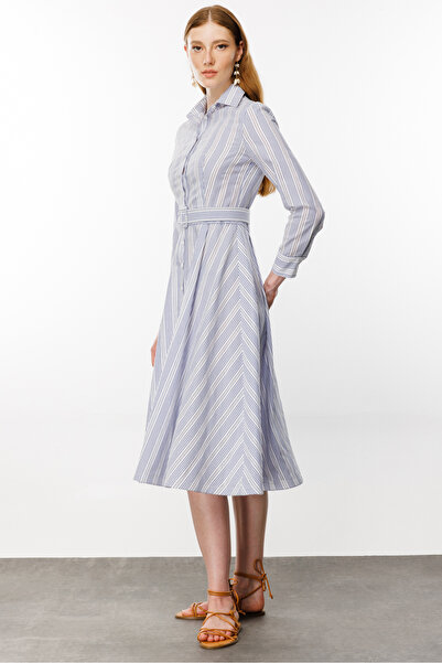 Nefeli Brode Çizgili Gömlek Elbise Mavi