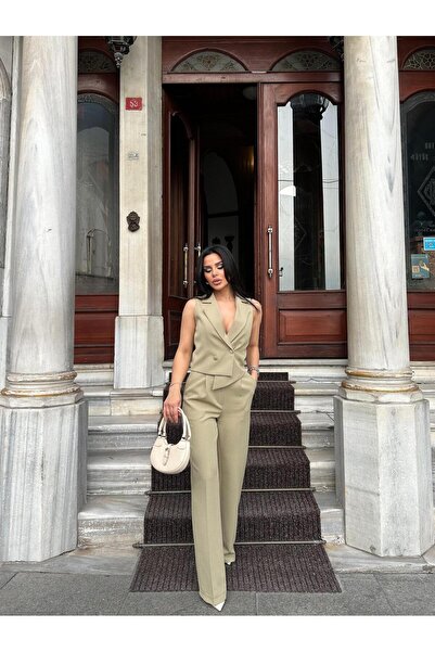 Bella Breeze Kadın  Asimetrik Kesim Yelek Palazzo Pantolon Takım Elbise