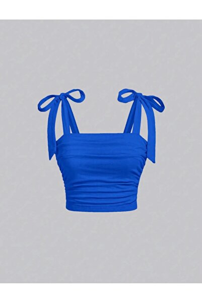 Wildco Saks Blue Bow Crop Top - Bluză de vară cu bretele largi