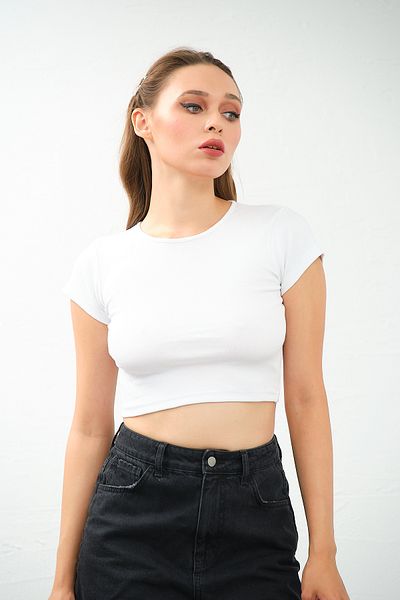 PUNKY CAT Women's White Crew Neck Short Sleeve Crop Top Low-Cut Back Blouse