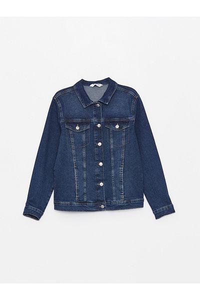 LC Waikiki Women's Jean Jacket - Shirt Collar, Solid, Long Sleeve