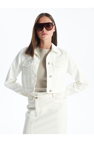 LC Waikiki Women's Jean Jacket - Shirt Collar, Straight, Long Sleeve, Crop Cut