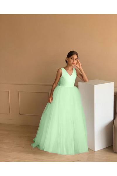 nsmkidslife Μακρύ βραδινό φόρεμα για κορίτσια με πράσινο λαιμόκοψη μέντας - για την αποφοίτηση